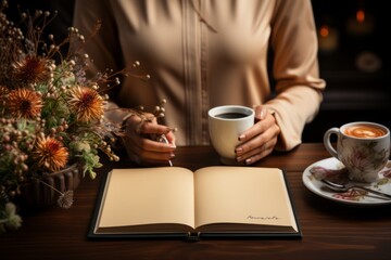 Person's hands writing in a planner with a cup of coffee nearby, Generative AI
