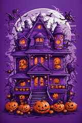 Halloween Vibes Haunted House and Pumpkin Heads Graphic T-Shirt Design with a Spooky Twist on a purple Background