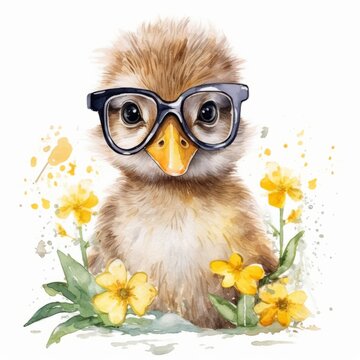 Baby Duck Wearing Glasses Watercolor Cute Baby Clipart - Generative AI