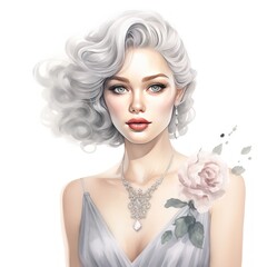 Sophisticated Glamour Girl in Silver Grey Dress Watercolor Clipart