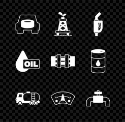 Set Spare wheel in the car, Oil rig, Gasoline pump nozzle, Tanker truck, Motor gas gauge, Metallic pipes and valve, drop and icon. Vector