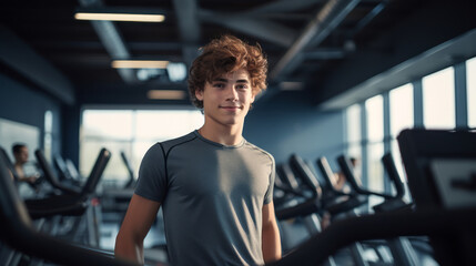 Teenage boy is standing at gym, motivated person - obrazy, fototapety, plakaty