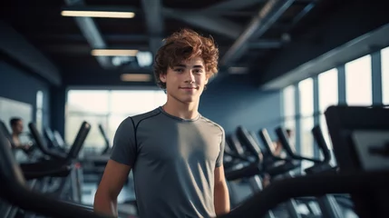 Lichtdoorlatende gordijnen Fitness Teenage boy is standing at gym, motivated person
