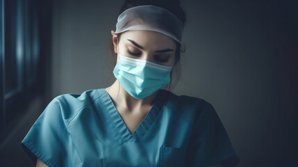 Tired depressed female scrub nurse with face mask and in clinic uniform