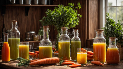 Fresh carrot juice in the kitchen