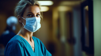 Tired depressed female scrub nurse with face mask and in clinic uniform