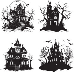 Day of dead vector illustration Haunted houses set with bats, leafless tree and moon on white background. Halloween silhouette haunted castles set
