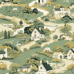 Seamless pattern, English countryside landscape and cottage country style print for wallpaper, wrapping paper, scrapbook, fabric and product design, generative ai - obrazy, fototapety, plakaty