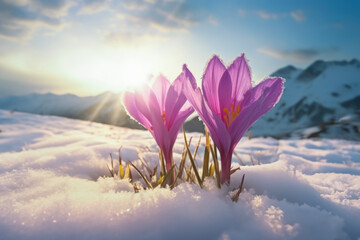 Nature lighting of spring landscape with first purple crocuses flowers on snow in the sunshine and beautiful sky. Life or nature botanical concept.