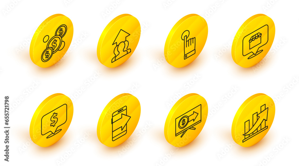 Sticker Set line Financial growth and coin, Smartphone, mobile phone, Speech bubble, Online shopping concept, Hand touch tap gesture, Growth chart progress people crowd and Coin money icon. Vector