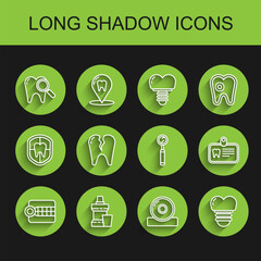 Set line Dentures model, Mouthwash plastic bottle, Dental search, Otolaryngological head reflector, implant, Broken tooth, Id card with and inspection mirror icon. Vector