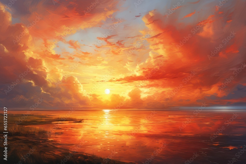 Poster a beautiful painting capturing the serene moment of a sunset over a body of water. perfect for addin