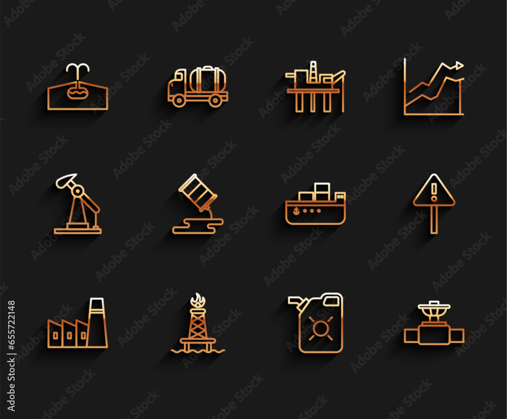 Sticker Set line Oil industrial factory building, rig with fire, Oilfield, Canister for motor oil, Industry pipe and valve, Barrel leak, Exclamation mark triangle and tanker ship icon. Vector