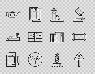 Set line Contract money and pen, Exclamation mark in triangle, Oil pump or pump jack, Bio fuel, Canister for motor oil, Stacks paper cash, rig with fire and Industry pipe icon. Vector