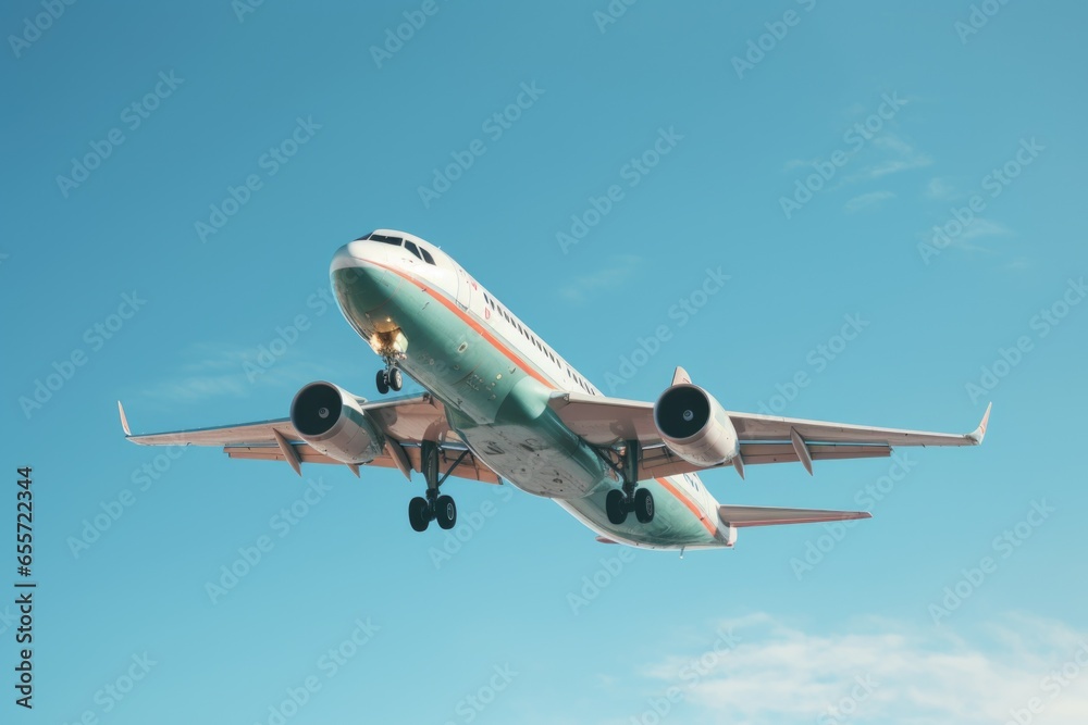Poster a picture of a large jetliner flying through a clear blue sky. this image can be used to depict air 