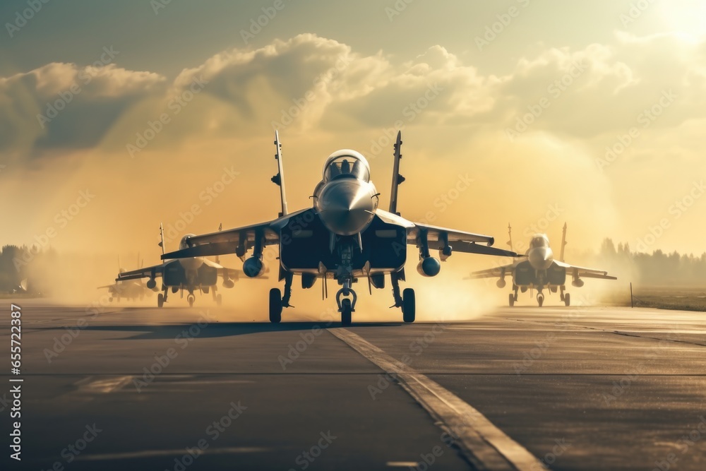 Aufkleber a group of fighter jets preparing for takeoff on an airport runway. this image can be used to depict
