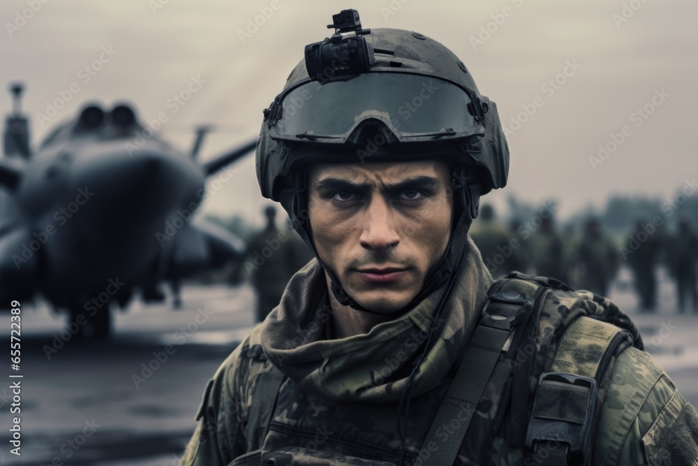 Poster a man in a military uniform standing proudly in front of a jet. perfect for military-themed designs 