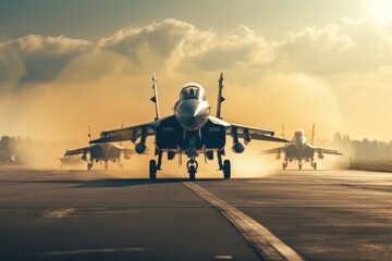 A group of fighter jets preparing for takeoff on an airport runway. This image can be used to depict military operations, air force training, or aviation industry themes. - obrazy, fototapety, plakaty