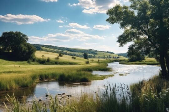 A picture of a river running through a beautiful and vibrant green field. Perfect for nature lovers and landscape enthusiasts.
