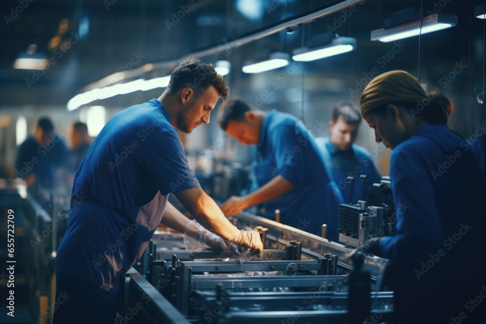 Poster a group of workers focused on operating a machine. this image can be used to depict teamwork, indust