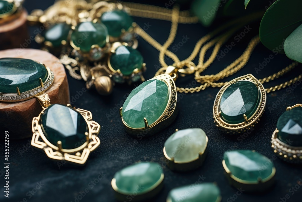 Poster a collection of beautiful green and gold jewelry displayed on a table. perfect for showcasing luxury