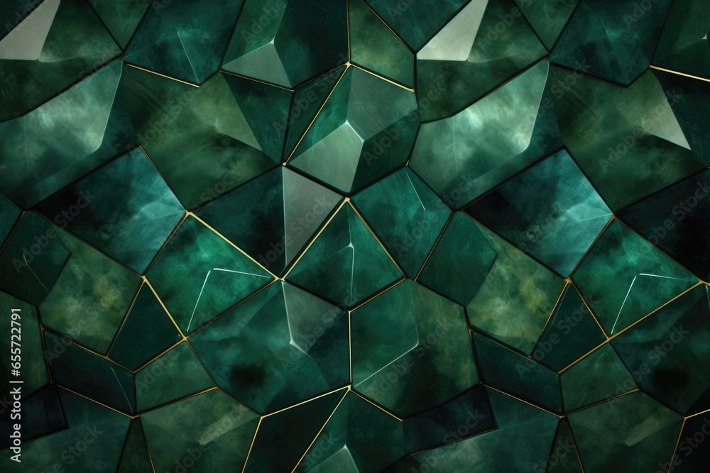 Poster A visually striking wallpaper featuring a combination of green and gold geometric shapes. This versatile design can be used to add a modern and sophisticated touch to any space.