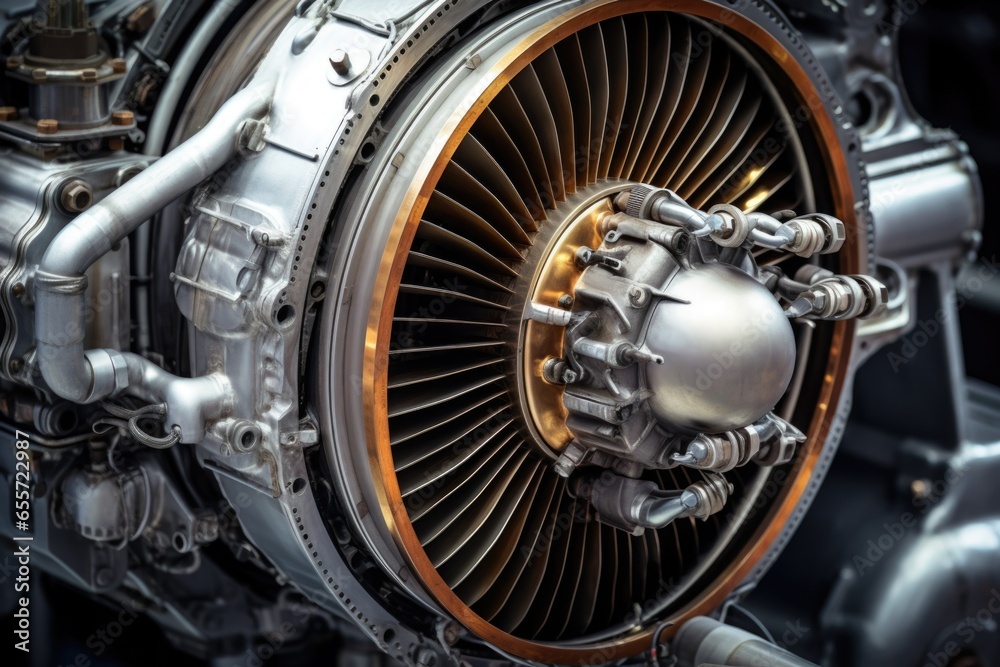 Poster a detailed close up view of a jet engine, showcasing its intricate machinery and components. perfect