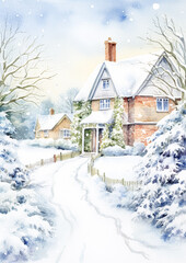 Watercolour printable winter countryside art print, English country cottage and snow, Christmas holiday, thank you and Happy Holidays diy greeting card
