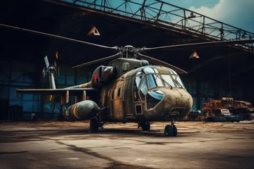 Foto op Plexiglas An old military helicopter sits in a hangar. This image can be used to depict military history or aviation themes. © Fotograf