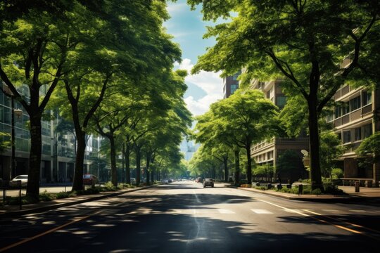 A picture of a city street lined with tall green trees. This image can be used to depict a peaceful and scenic urban environment.