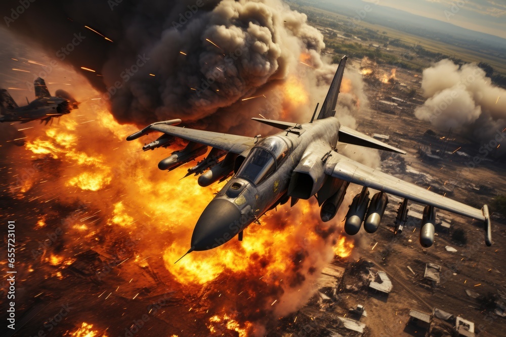 Poster A powerful fighter jet soars through the sky above a mesmerizing display of flames. This intense image captures the dynamic energy and strength of military aircraft. Perfect for illustrating action, p