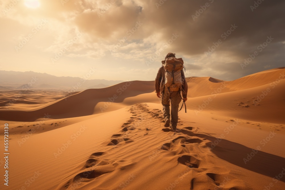 Poster a man with a backpack walking in the desert. perfect for travel and adventure themes.