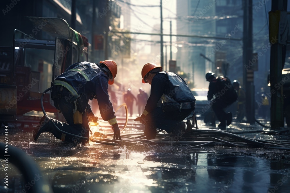 Poster two men are diligently working on a fire hydrant. this image can be used to depict maintenance, repa