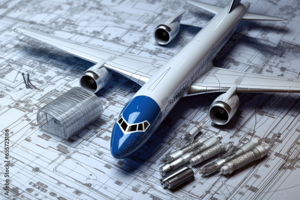 Poster a model airplane sits on top of a blueprint, showcasing the art of aviation design. this versatile i