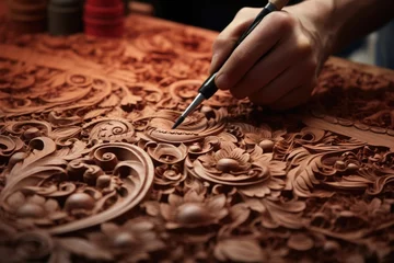 Deurstickers A close-up view of someone diligently working on a piece of wood. This image captures the focused attention and skill involved in woodworking. Ideal for showcasing craftsmanship and the art of creatin © Fotograf