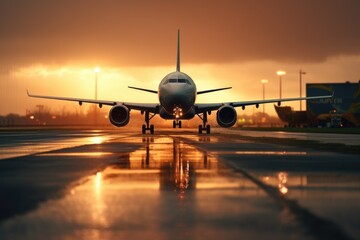 A large jetliner parked on top of an airport runway. This image can be used to depict the aviation industry, travel, transportation, or commercial airlines.