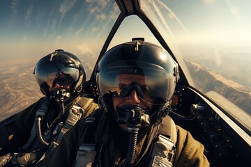 A picture of two pilots inside the cockpit of a fighter jet. This image can be used to depict the intense and focused environment of military aviation. It is suitable for publications related to aviat - obrazy, fototapety, plakaty