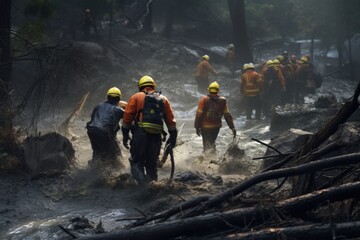 A group of firefighters walking through a muddy area. This image can be used to depict teamwork, emergency response, or natural disaster scenarios. - obrazy, fototapety, plakaty