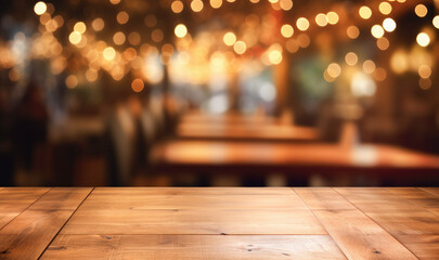 Empty wooden table with blurred interior of a bar or restaurant background. Table top product display showcase stage. Image ready for montage your text or product. 