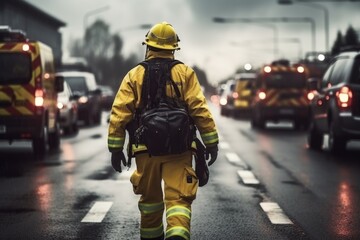 A firefighter is seen walking down the street in the rain. This image can be used to depict bravery and dedication in challenging weather conditions. - obrazy, fototapety, plakaty