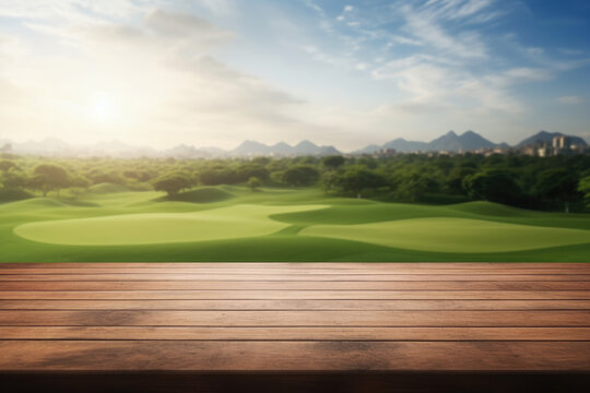 Empty wooden table with blurred golf course background. Table top product display showcase stage. Image ready for montage your text or product. 