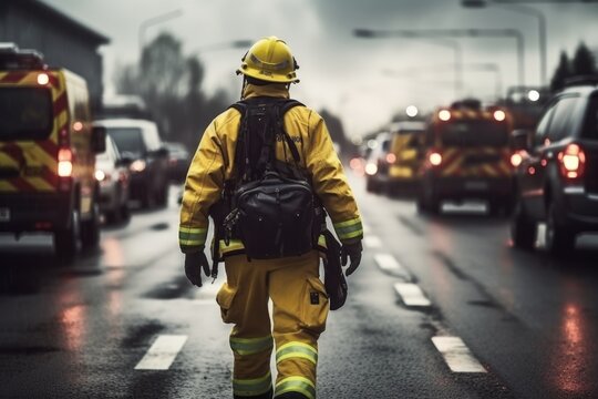 A firefighter is seen walking down the street in the rain. This image can be used to depict bravery and dedication in challenging weather conditions.