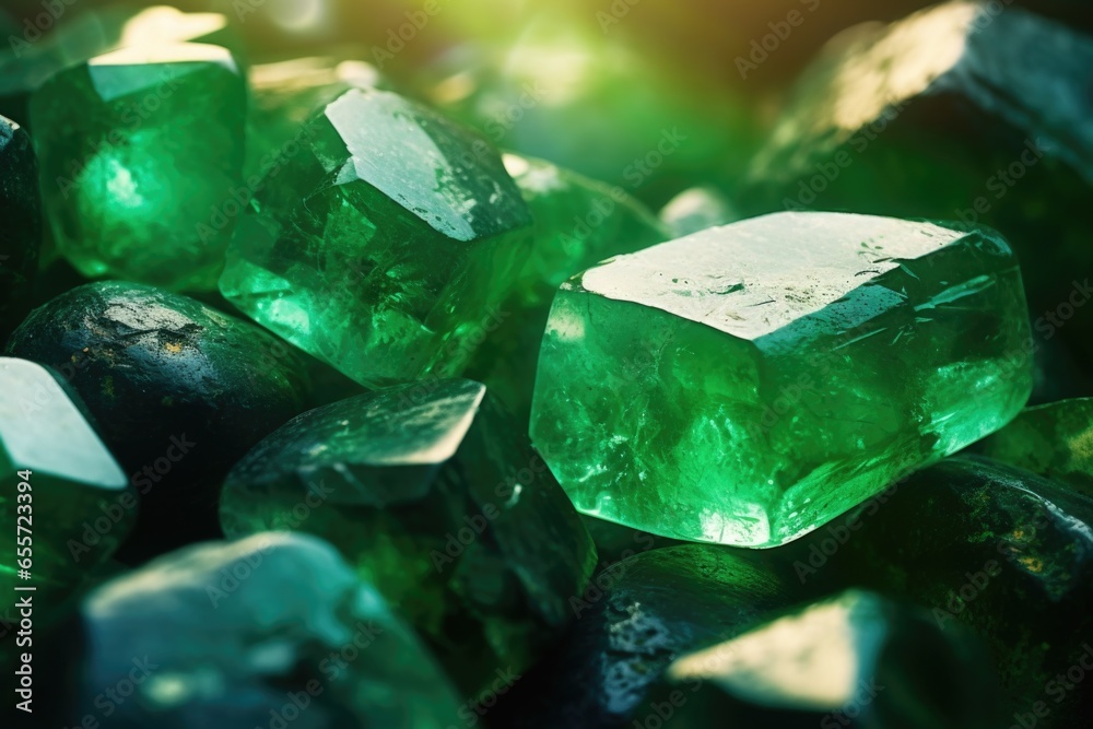 Poster A pile of green crystals stacked on top of each other. Perfect for adding a touch of elegance and mystique to any project.