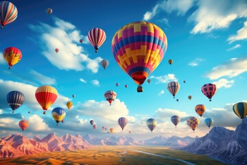 A group of hot air balloons soaring through the sky. This image can be used to depict adventure, travel, or a sense of freedom. Perfect for travel brochures, posters, or websites. - obrazy, fototapety, plakaty