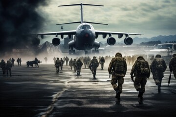 A group of soldiers walking towards an airplane. This image can be used to depict military operations, air travel, or teamwork. - obrazy, fototapety, plakaty