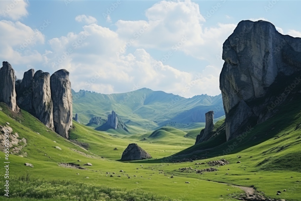 Poster a picturesque view of a green valley with rocks and grass in the foreground. this image can be used 