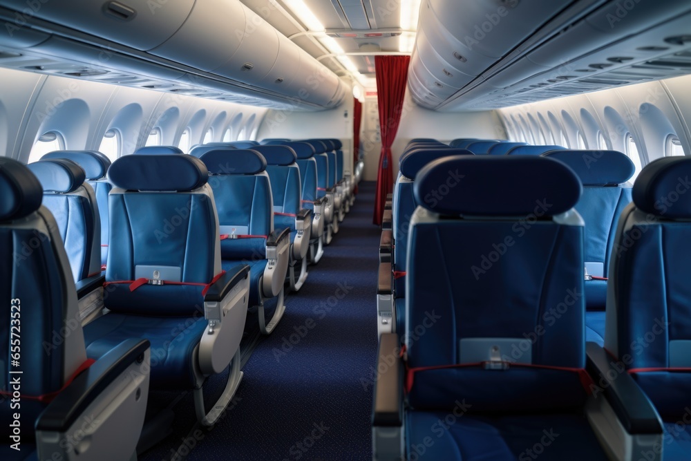 Poster a row of blue seats in an airplane. ideal for travel and transportation concepts.