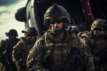 A group of soldiers are seen walking towards a helicopter. This image can be used to depict military operations, transportation, or teamwork.