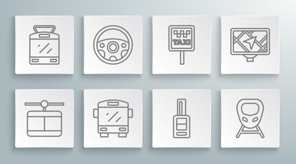 Set line Cable car, Steering wheel, Bus, Car key with remote, High-speed train, Road sign for taxi stand, Gps device map and Tram railway icon. Vector