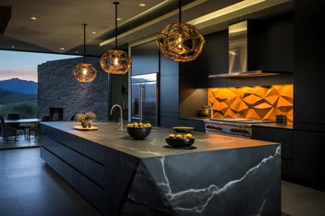 Fotobehang designer kitchen with basalt countertops, backsplash, and island © Pichsakul